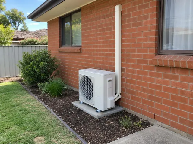 Outdoor split-system unit on a concrete pad beside a brick house wall in Salisbury East